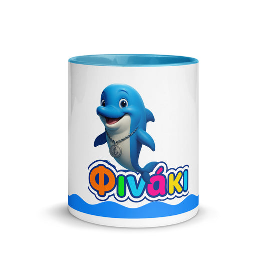 Finaki kids ceramic mug with blue dolphin character and colorful logo, perfect for gifts.