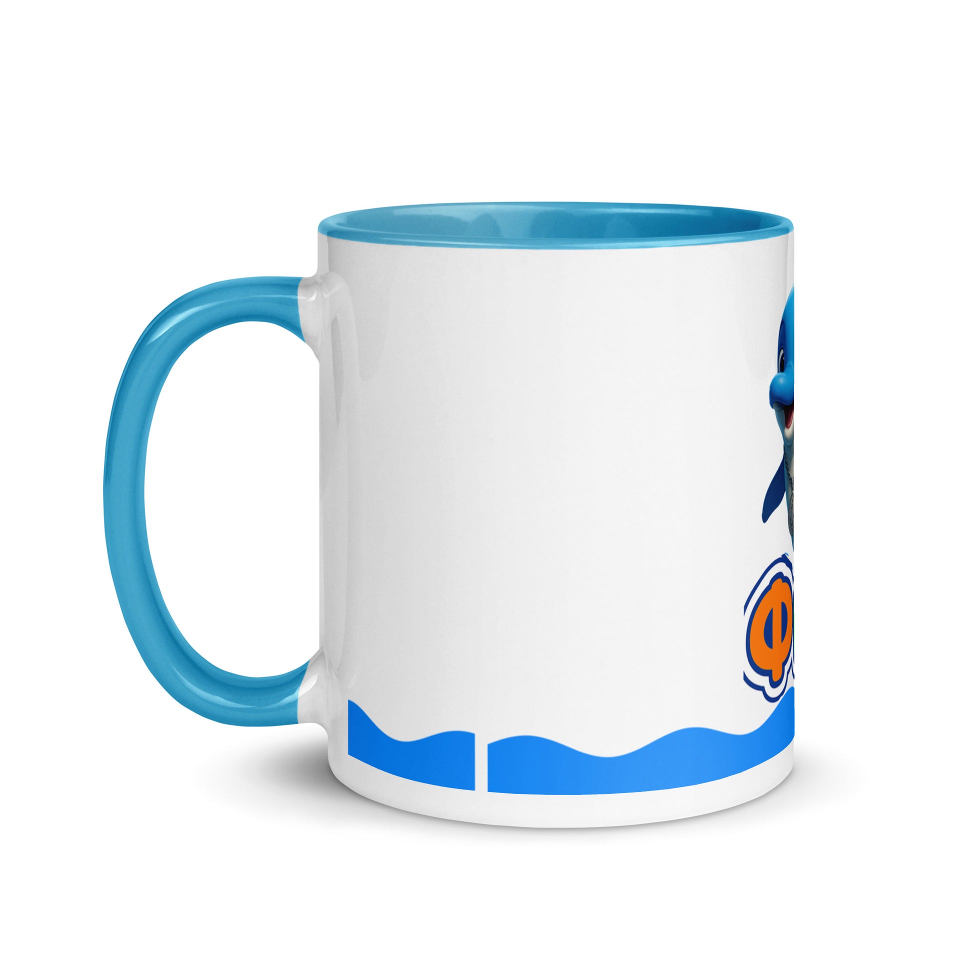 Finaki kids ceramic mug with blue dolphin character and colorful logo, perfect for gifts.