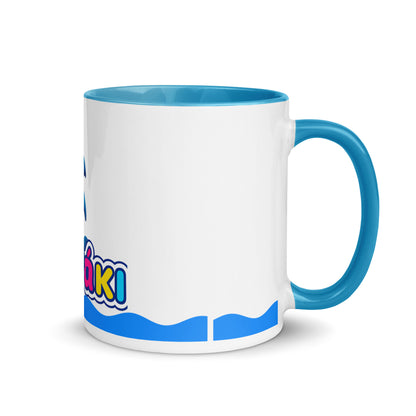 Finaki kids ceramic mug with blue dolphin character and colorful logo, perfect for gifts.