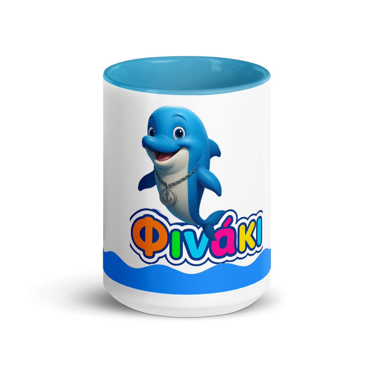 Finaki kids ceramic mug with blue dolphin character and colorful logo, perfect for gifts.