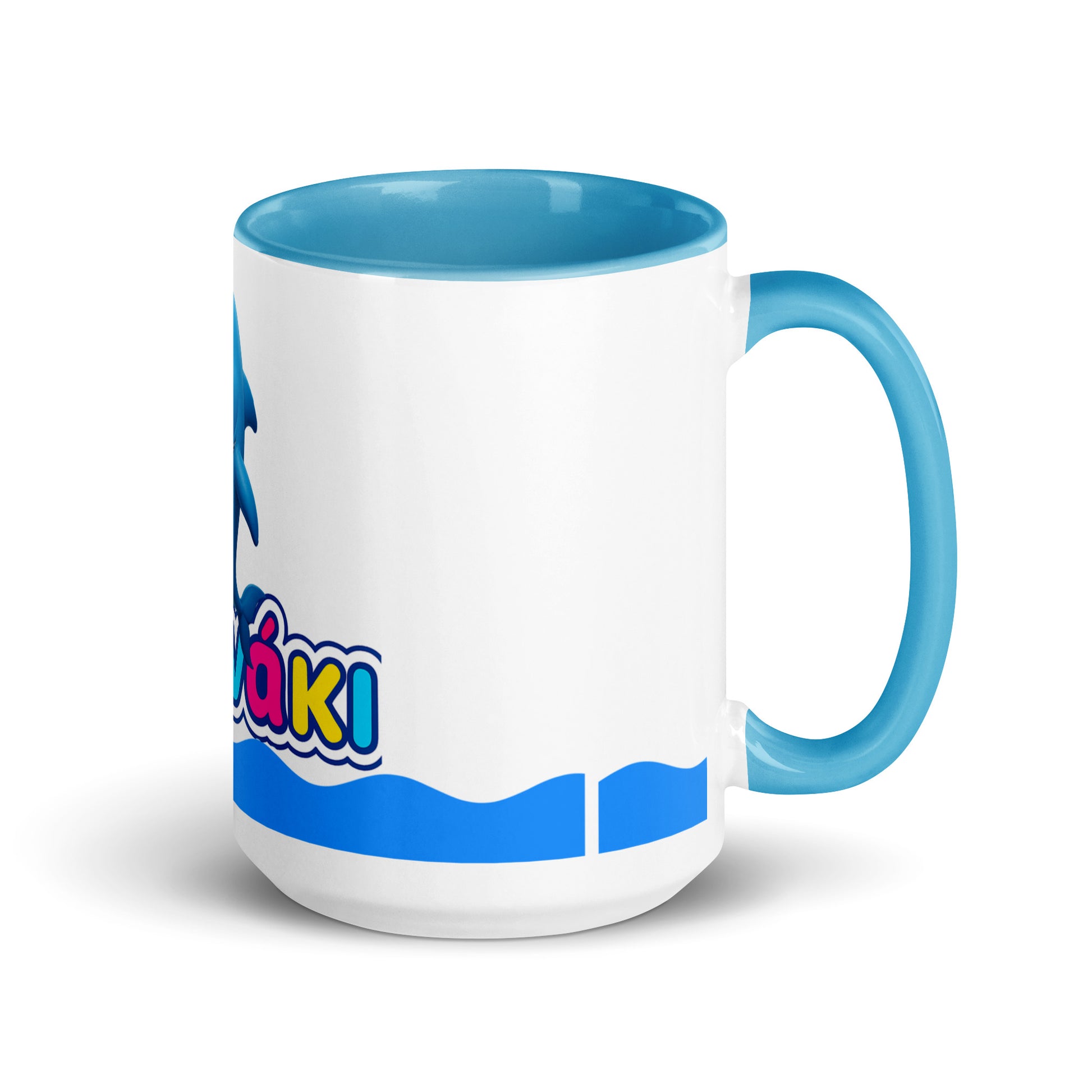 Finaki kids ceramic mug with blue dolphin character and colorful logo, perfect for gifts.