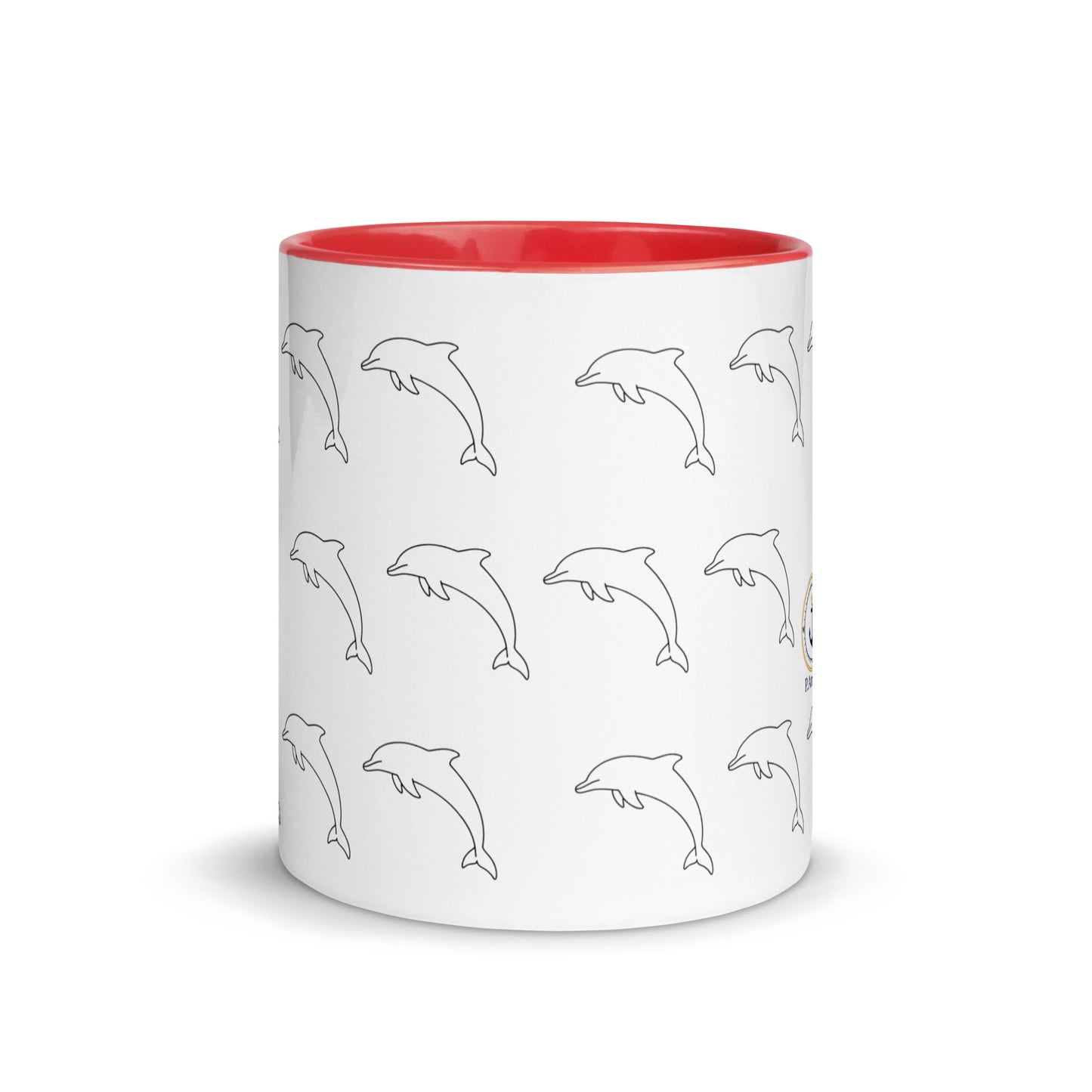 P"P. Anchor nautical ceramic mug in white and red with dolphin pattern"roduct mockup
