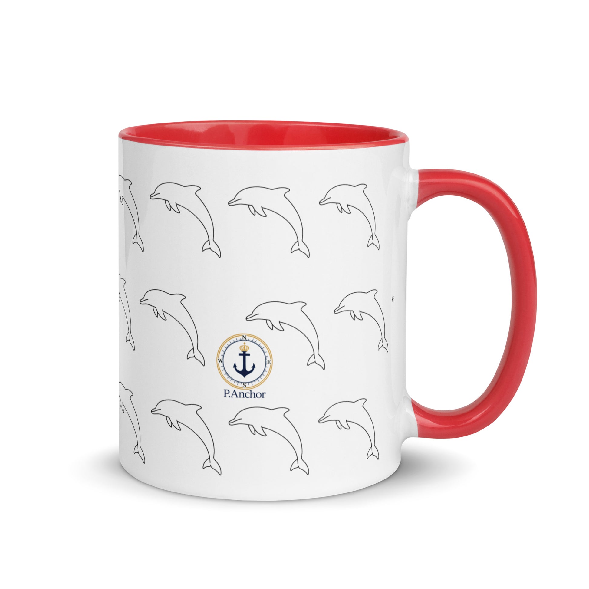 Produ"P. Anchor nautical ceramic mug in white and red with dolphin pattern"ct mockup