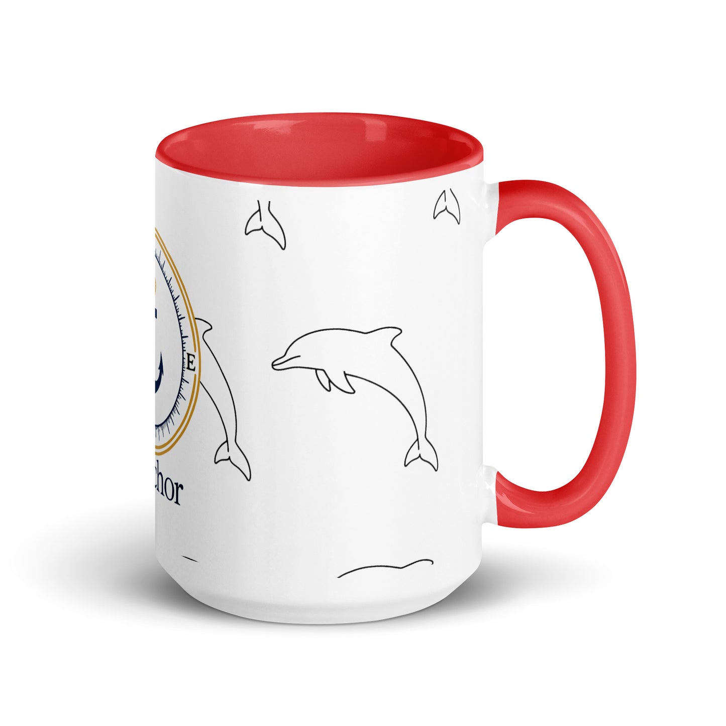 "P. Anchor nautical ceramic mug in white and red with dolphin pattern"