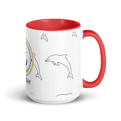 "P. Anchor nautical ceramic mug in white and red with dolphin pattern"