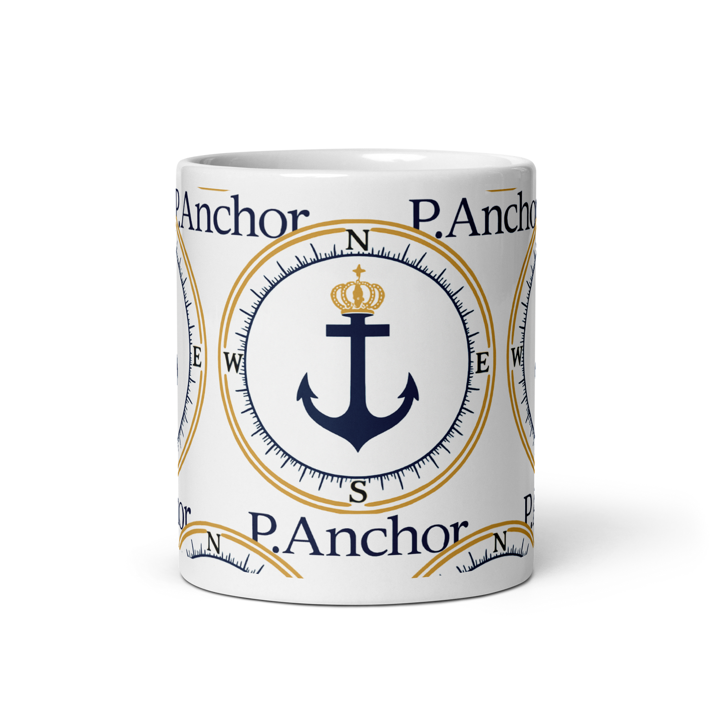 P.ANCHOR ceramic mug with nautical anchor and crown design in navy blue and gold.