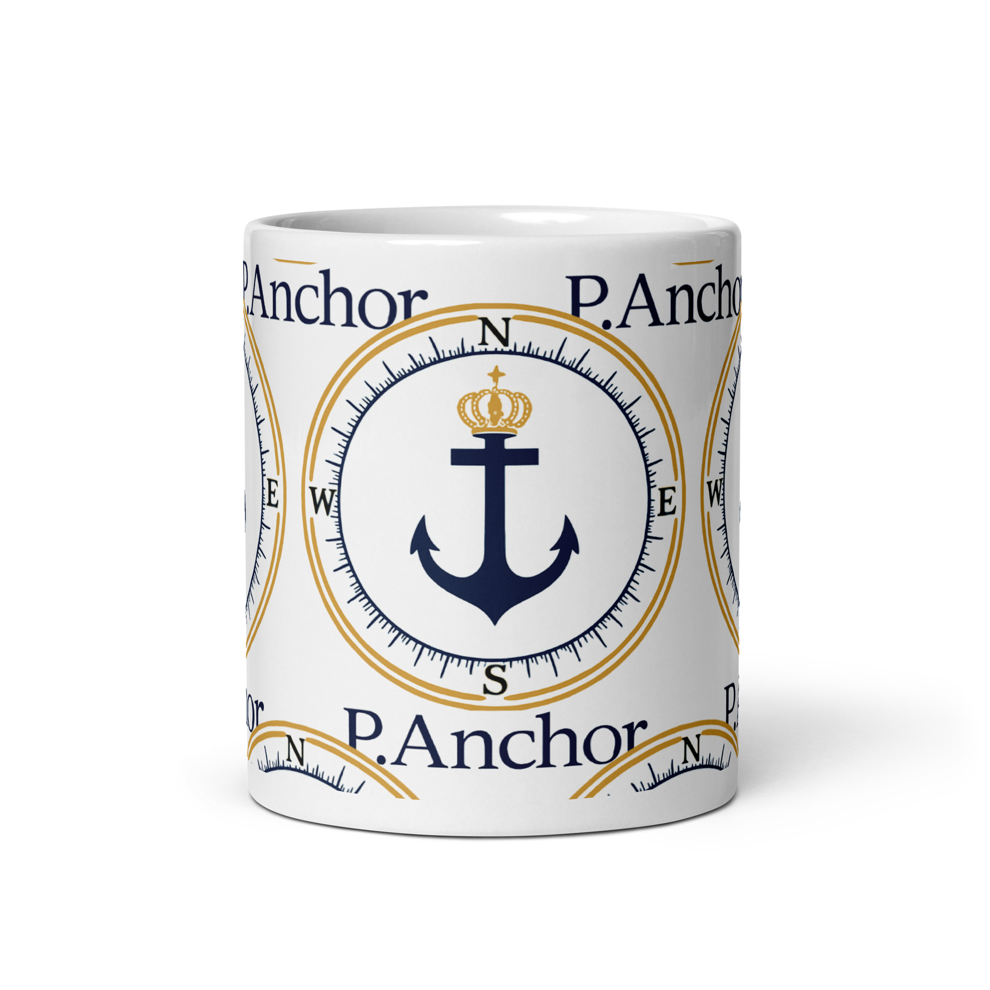 P.ANCHOR ceramic mug with nautical anchor and crown design in navy blue and gold.
