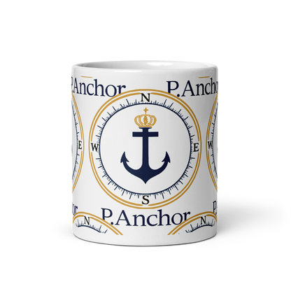 P.ANCHOR ceramic mug with nautical anchor and crown design in navy blue and gold.