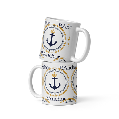 P.ANCHOR ceramic mug with nautical anchor and crown design in navy blue and gold.