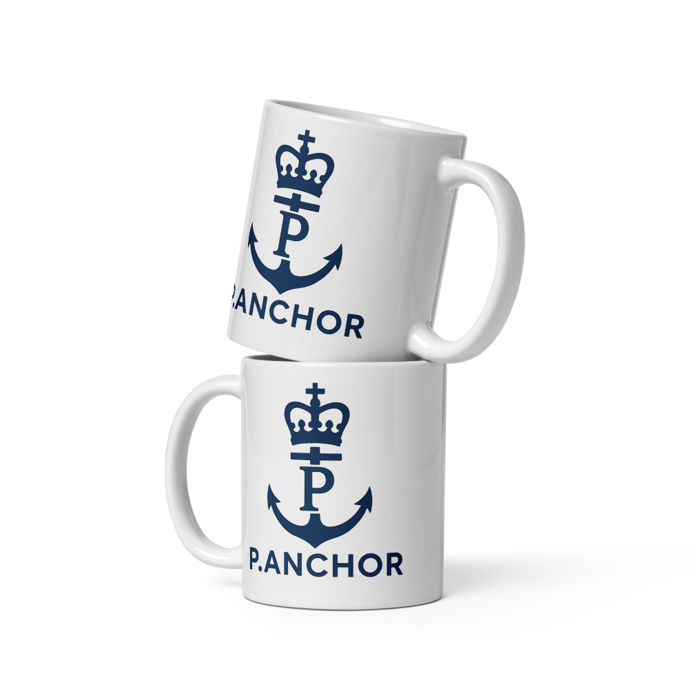 White ceramic mug P.ANCHOR with navy anchor and crown logo, nautical minimal design.