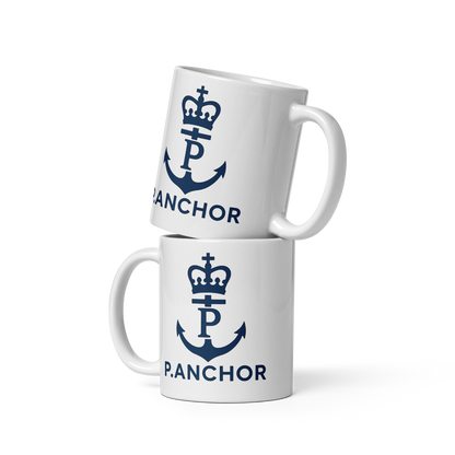 White ceramic mug P.ANCHOR with navy anchor and crown logo, nautical minimal design.