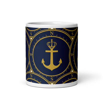 P.ANCHOR ceramic mug in white and navy blue with nautical anchor and crown design in gold.