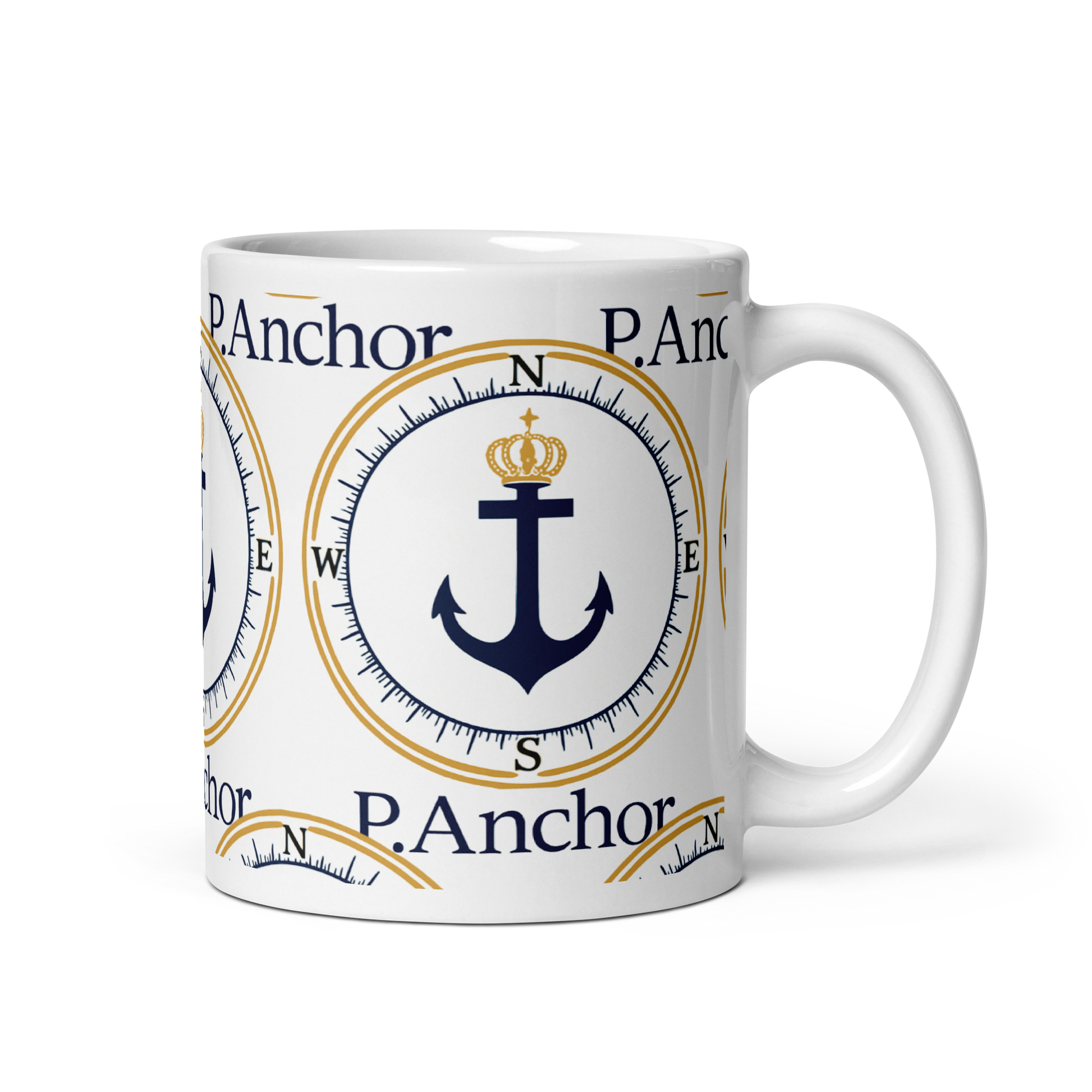 P.ANCHOR ceramic mug with nautical anchor and crown design in navy blue and gold.