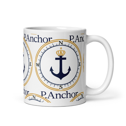 P.ANCHOR ceramic mug with nautical anchor and crown design in navy blue and gold.