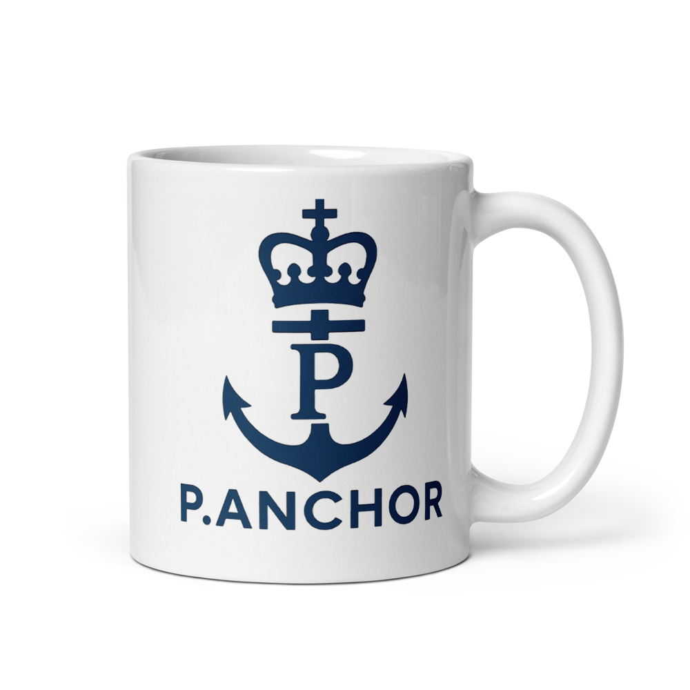 White ceramic mug P.ANCHOR with navy anchor and crown logo, nautical minimal design.