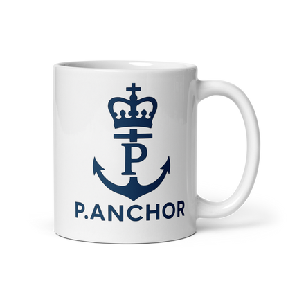 White ceramic mug P.ANCHOR with navy anchor and crown logo, nautical minimal design.