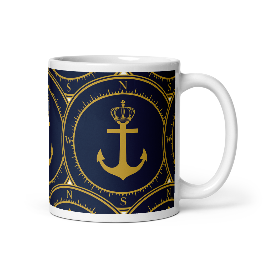 P.ANCHOR ceramic mug in white and navy blue with nautical anchor and crown design in gold.
