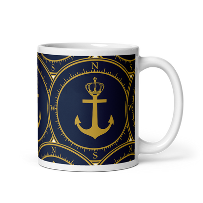 P.ANCHOR ceramic mug in white and navy blue with nautical anchor and crown design in gold.