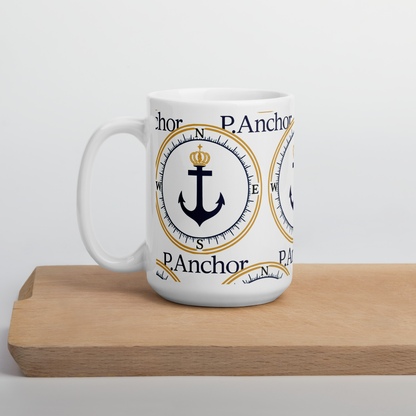 P.ANCHOR ceramic mug with nautical anchor and crown design in navy blue and gold.