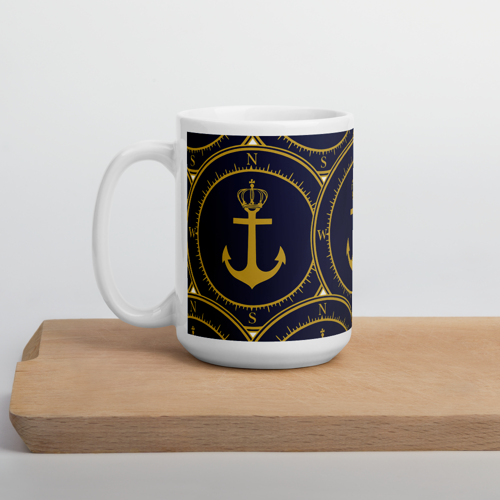 P.ANCHOR ceramic mug in white and navy blue with nautical anchor and crown design in gold.