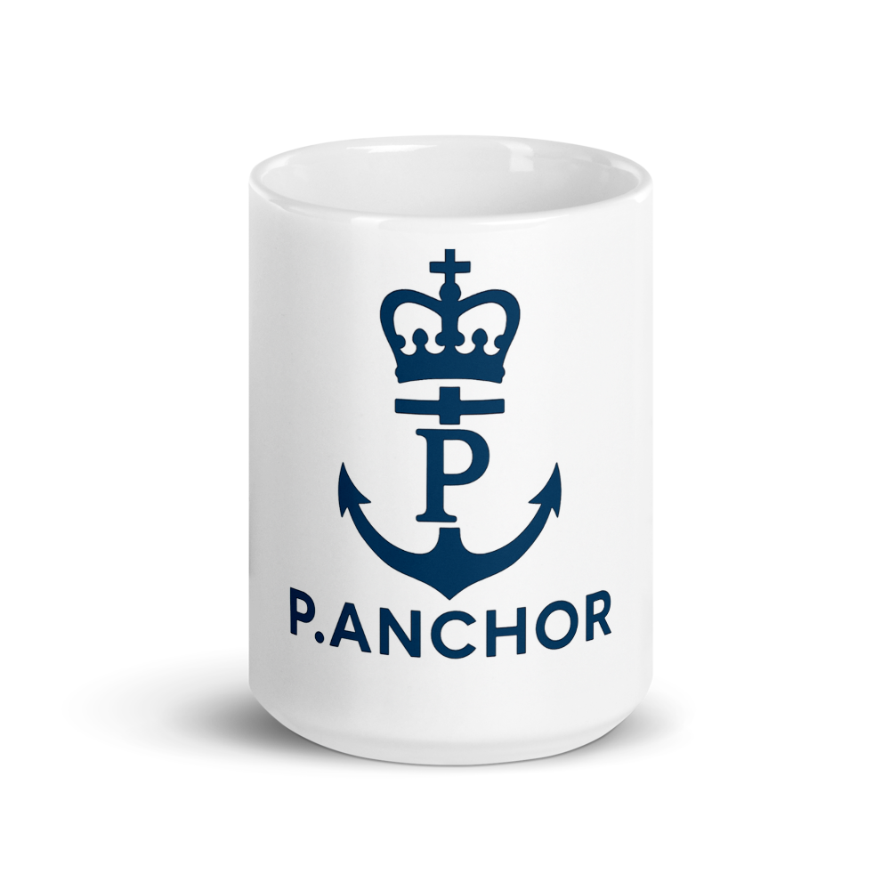 White ceramic mug P.ANCHOR with navy anchor and crown logo, nautical minimal design.