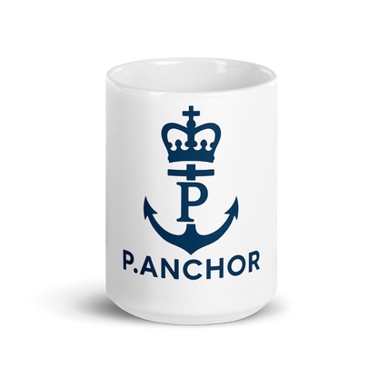 White ceramic mug P.ANCHOR with navy anchor and crown logo, nautical minimal design.