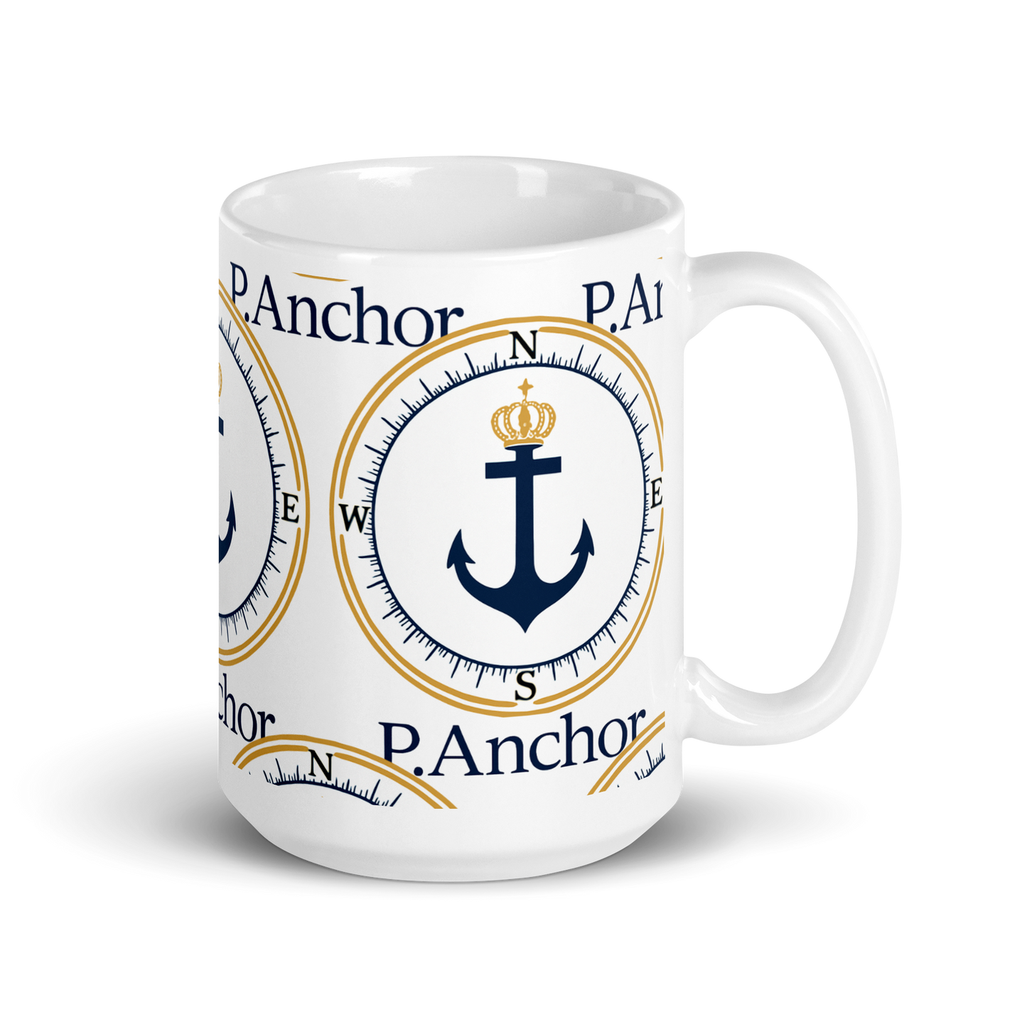 P.ANCHOR ceramic mug with nautical anchor and crown design in navy blue and gold.