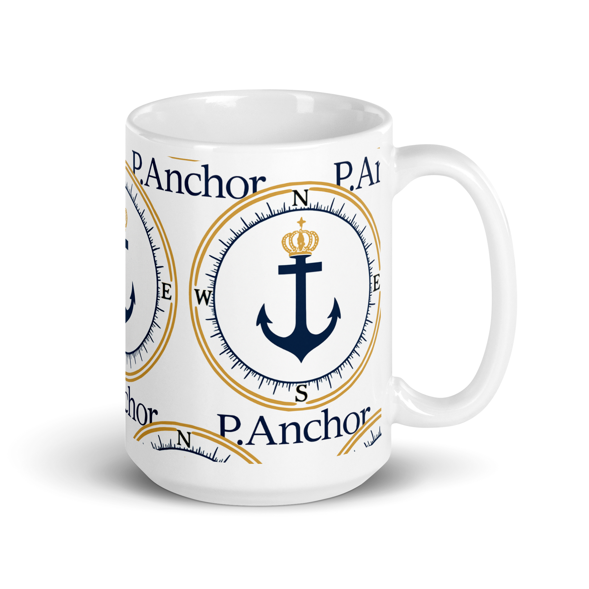 P.ANCHOR ceramic mug with nautical anchor and crown design in navy blue and gold.