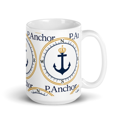 P.ANCHOR ceramic mug with nautical anchor and crown design in navy blue and gold.