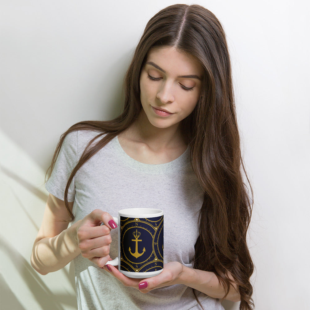 P.ANCHOR ceramic mug in white and navy blue with nautical anchor and crown design in gold.